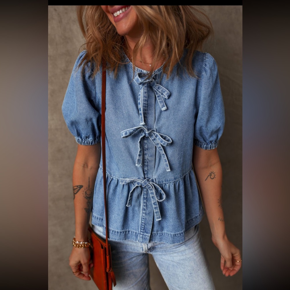 Denim Tie-Front Short Sleeve Peplum Top - Light Blue